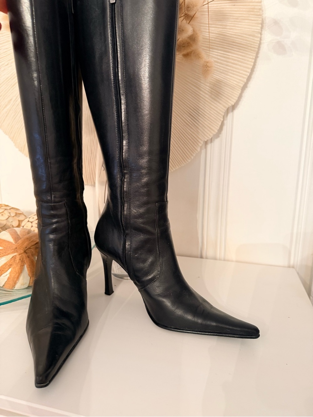 Classic Black Leather Knee-High Stiletto Boots - Picture 1 of 4